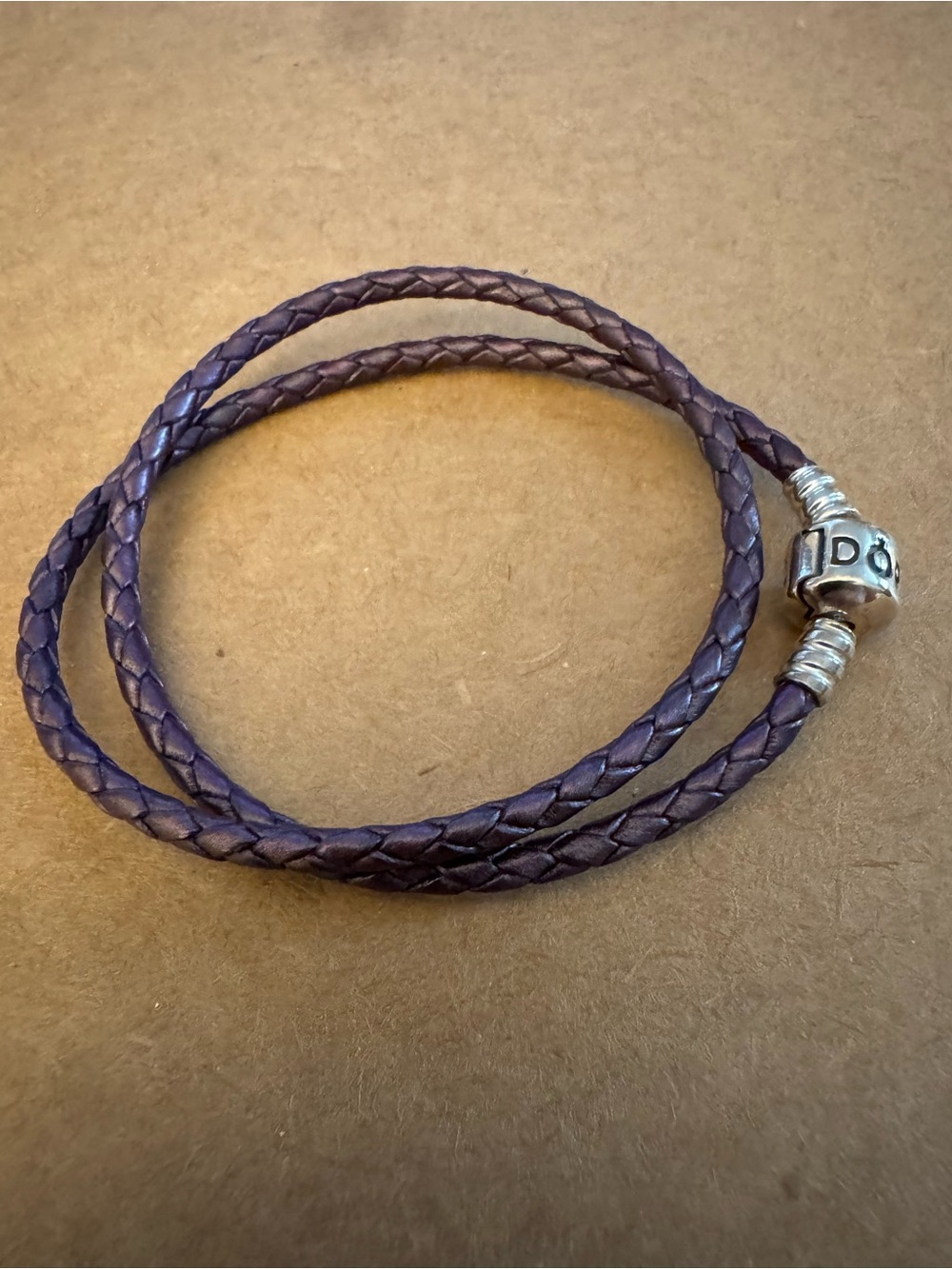 Pandora Purple Braided Leather Double Wrap Bracelet with Silver Clasp